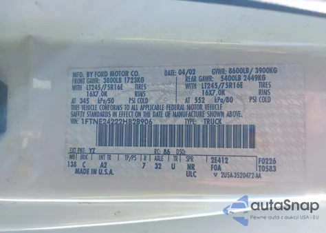 2002 Ford E-250 Commercial из США, поврежденный, VIN 1FTNE24222HB28906